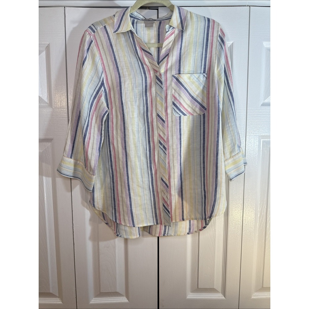 Chicos Linen No Iron 3/4 Sleeve Button‎ Up Top Size 1 Pastel Multicolor Stripe